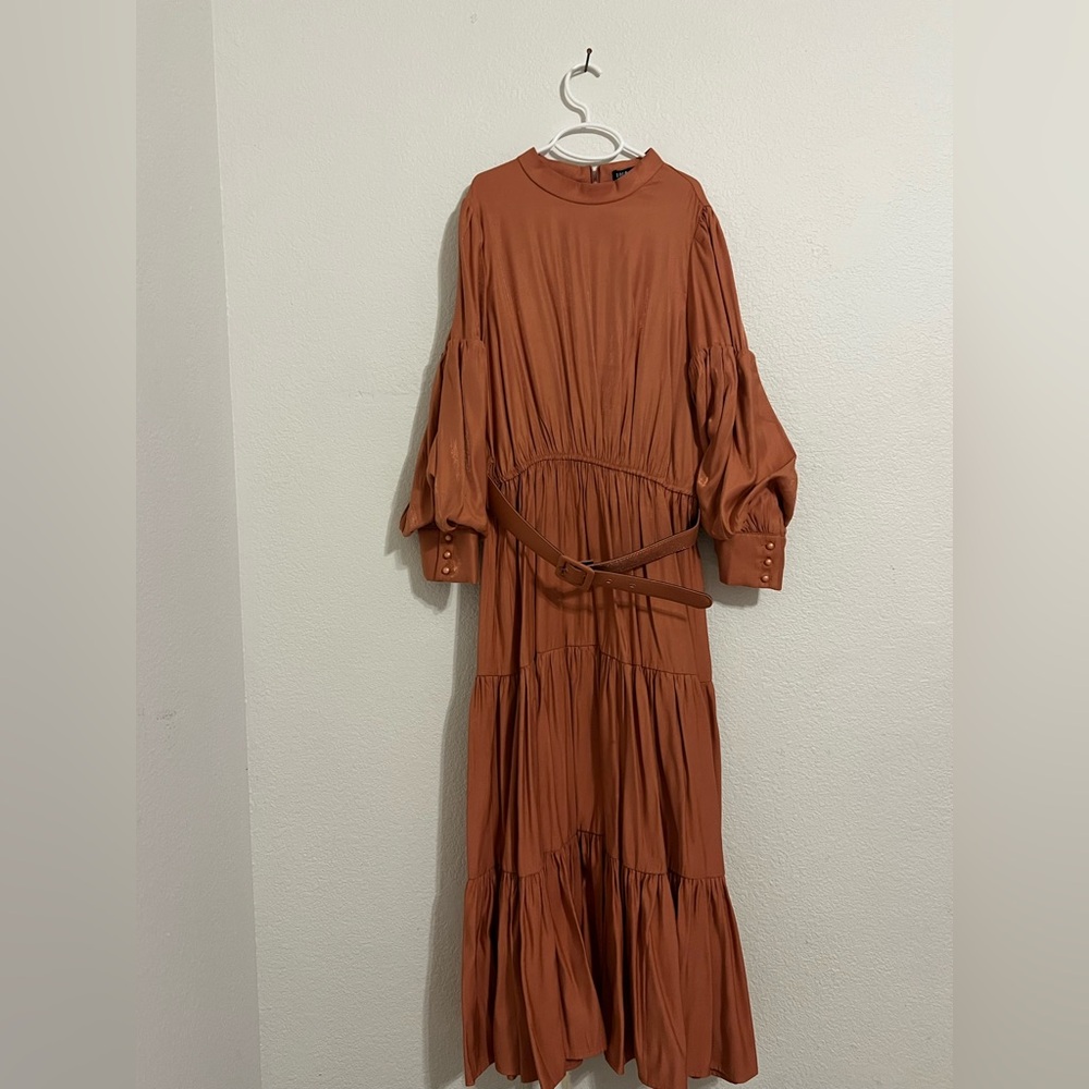 Orange Brown Long Sleeve Mock Neck Sundress
